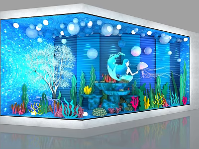 Ocean Themed Window Display With Mermaid Figure Bubbles Corals And Sea Plants 3d model