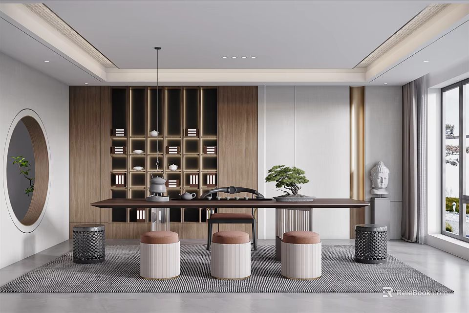 Traditional Chinese Tea Room Interior With Wooden Bookshelves Tea Sets And Decorative Items 3d model 