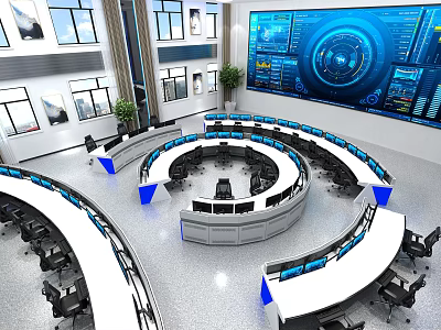 Modern Monitoring Room Interior Design With Curved Control Consoles Multiple Monitors And Large Screens 3d model