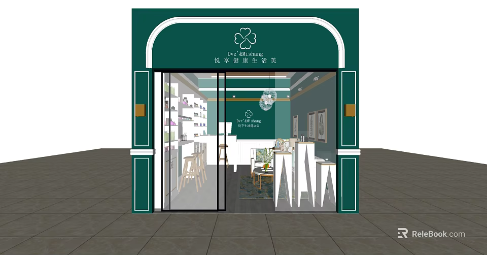 Beauty Hair Salon Exterior With Green Facade Glass Door Interior White Counters Tables Chairs 3d model 