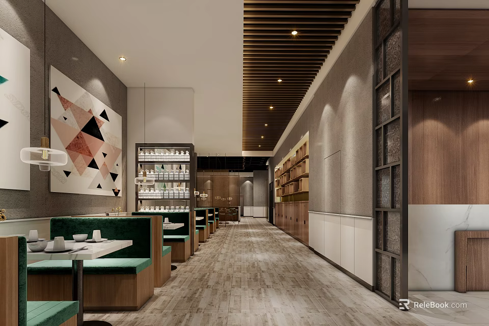 Elegant Modern Restaurant Interior With Booth Seating Decorative Paintings And Wooden Shelves 3d model 