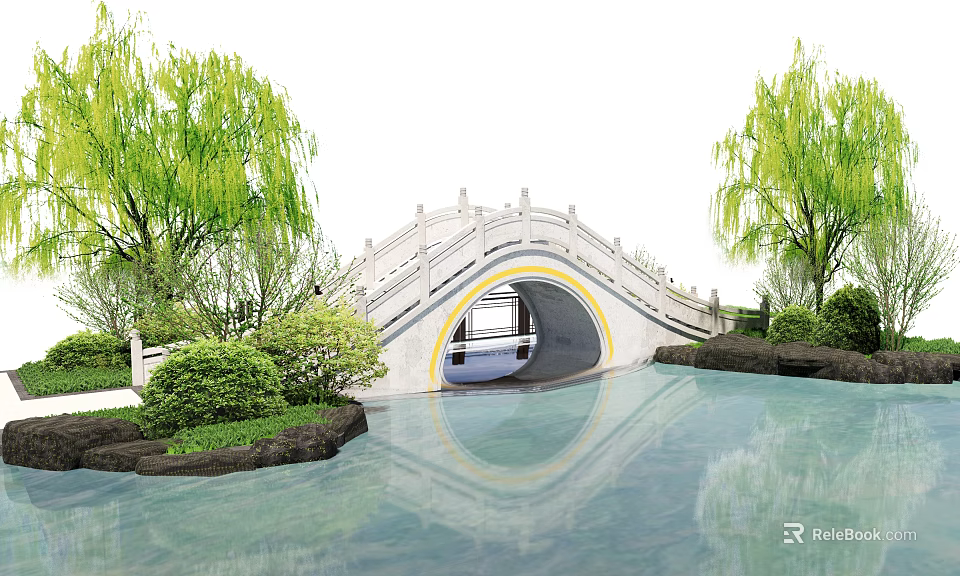 Stone Arch Landscape Bridge With Green Willows Bushes And Water Surface Reflection 3d model