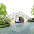 Stone Arch Landscape Bridge With Green Willows Bushes And Water Surface Reflection 3d model