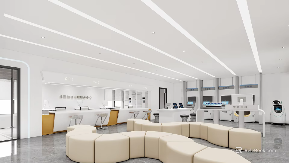 Modern White Service Hall Interior with Curved Sofas Counters Computer Equipment and Ceiling Light Strips 3d model