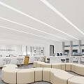Modern White Service Hall Interior with Curved Sofas Counters Computer Equipment and Ceiling Light Strips 3d model