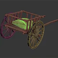 Traditional Wooden Hand Cart Featuring Long Handle Spoked Wheels And A Sack