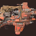 Complex Red And Brown Mechanical Structure Featuring Metal Pipes Gears And Canvas Cover