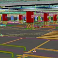 Parking Lot Featuring Colorful Pillars Letter Signs Yellow Black Stripes Parking Lines and Guardrails