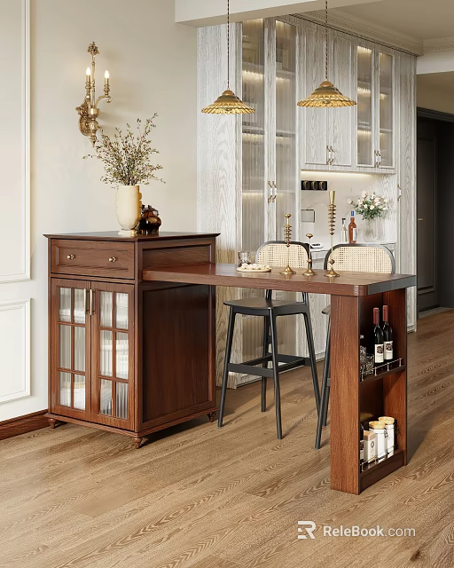 Elegant Wooden Bar Counter With Bar Stools Glass Cabinet Vase And Wine Decor Items 3d model 
