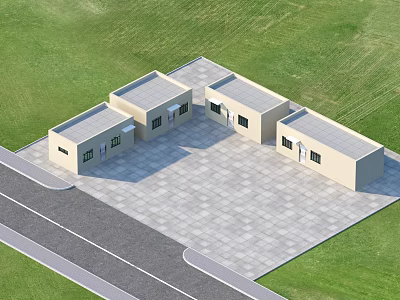 Light Colored Connected Buildings on Green Grassland With Paved Area and Road 3d model