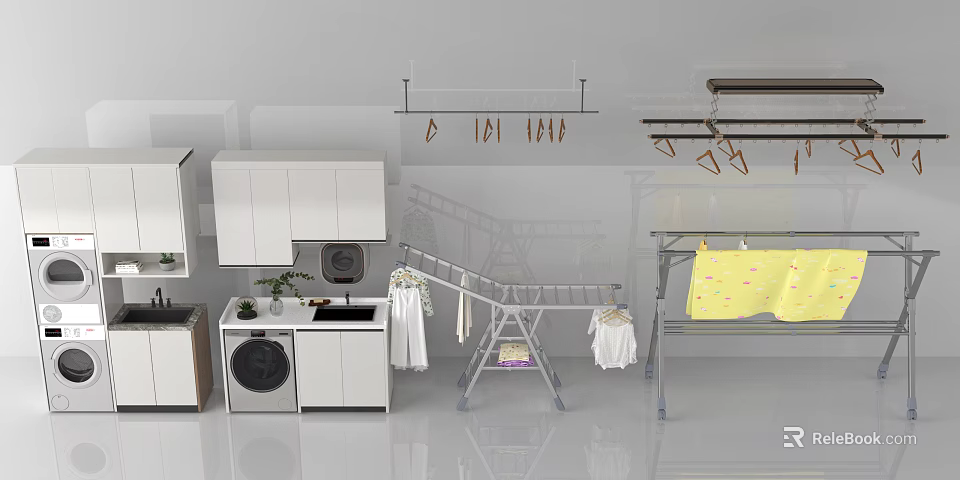 Modern Bathroom Cabinetry With Washing Machine Dryer Drying Rack And Laundry Items 3d model