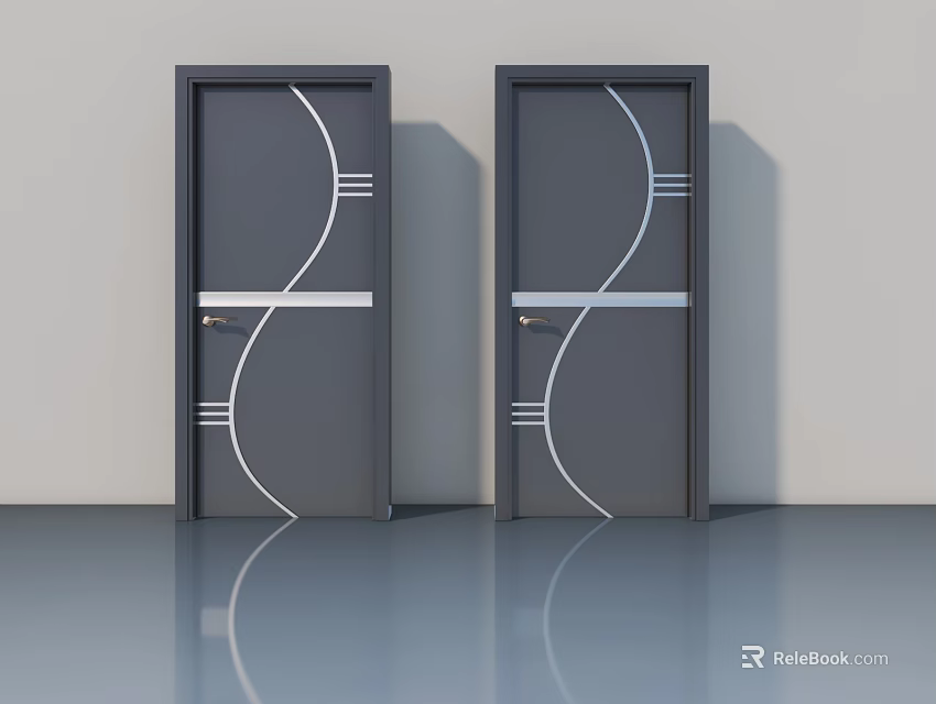 Dark Gray Hinged Doors With White Curved Lines And Reflective Floor 3d model
