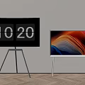 TV Screen With Colorful Abstract Wavy Design On Tripod Stand Next To Digital