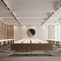 Modern Conference Room Interior With Wooden Walls Large Blackboard Ceiling Lights And Arranged Chairs