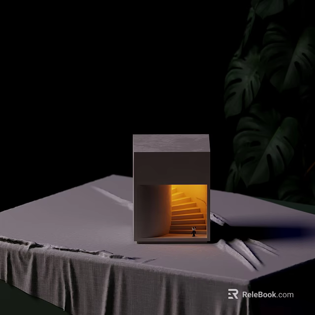 Gray Cubic Wall Lamp With Warm Yellow Light And Green Plant Leaves On Dark Background 3d model 