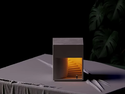 Gray Cubic Wall Lamp With Warm Yellow Light And Green Plant Leaves On Dark Background 3d model