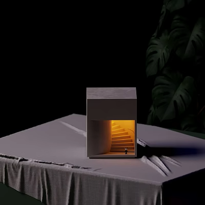 Gray Cubic Wall Lamp With Warm Yellow Light And Green Plant Leaves On Dark Background 3d model