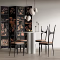 Dining Table Set with Round Table Black Framed Chairs Decorative Screen and White Pendant Lights 3d model