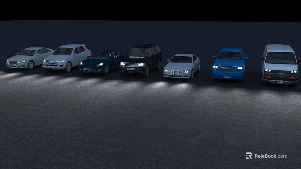 Various Colored Cars Parked With Headlights Illuminated In Night Parking Lot 3d model 