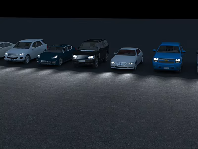 Various Colored Cars Parked With Headlights Illuminated In Night Parking Lot 3d model