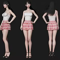 Woman in White Camisole Red White Plaid Skirt Black High Heels Black Hair Three Angles