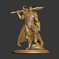 Golden Warrior Statue Holding Axe and Spear with Cloak on Round Base