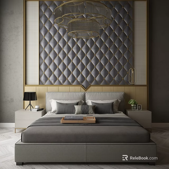 Elegant Double Bed With Diamond Tufted Gray Backdrop Gold Frame And Nightstands 3d model 