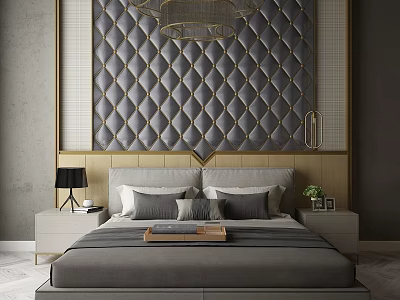 Elegant Double Bed With Diamond Tufted Gray Backdrop Gold Frame And Nightstands 3d model