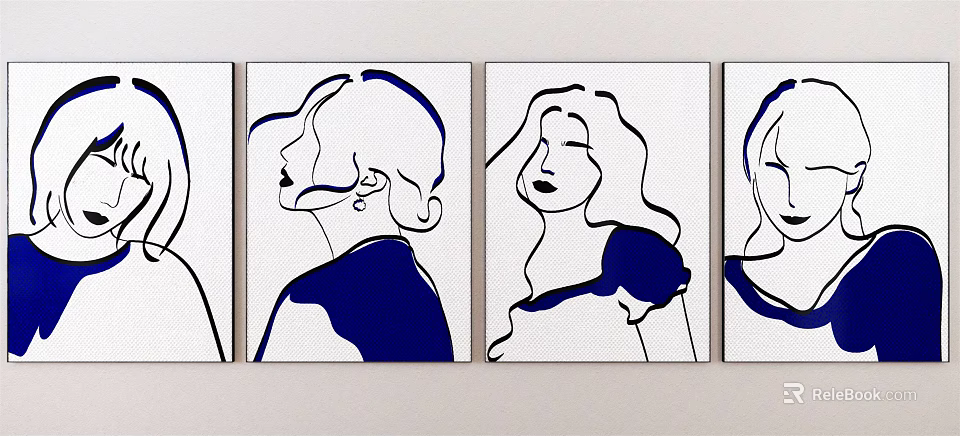 Minimalist Female Figure Line Art Canvas Paintings In Blue And White 3d model 