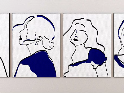 Minimalist Female Figure Line Art Canvas Paintings In Blue And White 3d model