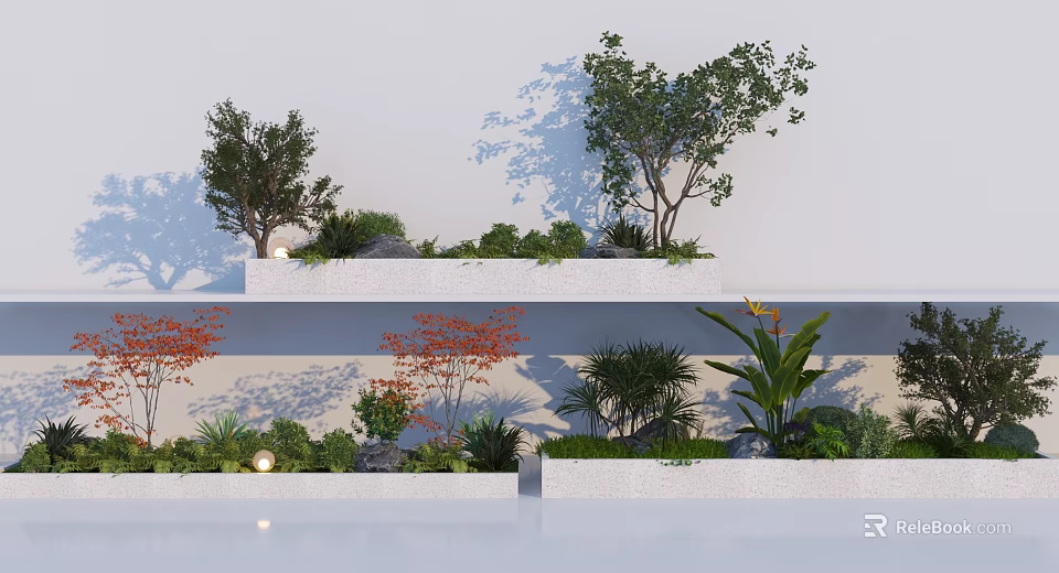 Two Tiered Plant Combination With Trees Shrubs Red Leaf And Palm Plants On White Wall 3d model 