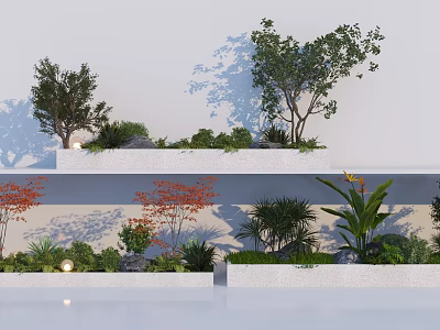 Two Tiered Plant Combination With Trees Shrubs Red Leaf And Palm Plants On White Wall 3d model