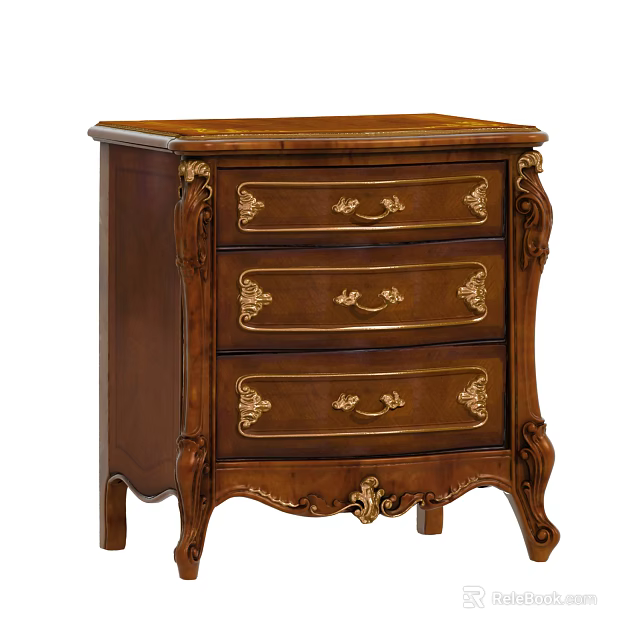 Classical Wooden Bedside Table With Three Drawers And Golden Carved Accents 3d model 
