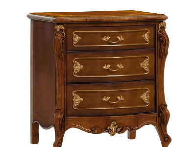 Classical Wooden Bedside Table With Three Drawers And Golden Carved Accents 3d model