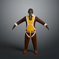 Detailed 3D Game and Movie Character With Brown Outfit Yellow Vest and White Straps