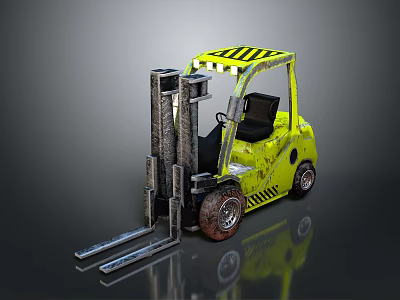 Yellow Industrial Forklift With Black Stripes Cab Shiny Metal Forks And Tires 3d model