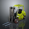 Yellow Industrial Forklift With Black Stripes Cab Shiny Metal Forks And Tires
