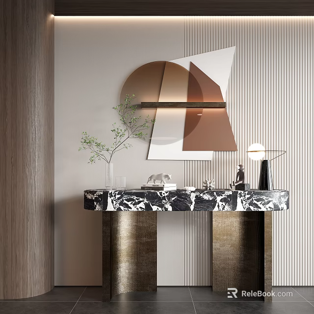 Elegant Modern Console Table Design With Marble Countertop Mirror Green Plant And Lamp 3d model 
