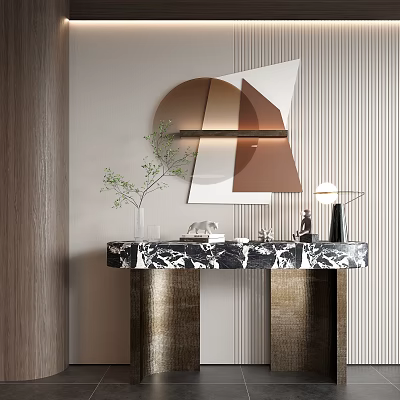 Elegant Modern Console Table Design With Marble Countertop Mirror Green Plant And Lamp 3d model