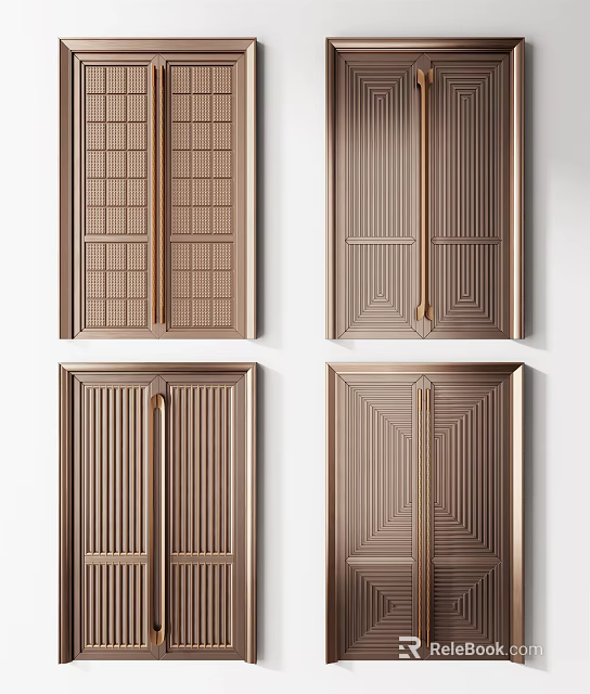 Modern Bronze Double Doors With Geometric Patterns Vertical Stripes And Lattice Designs 3d model