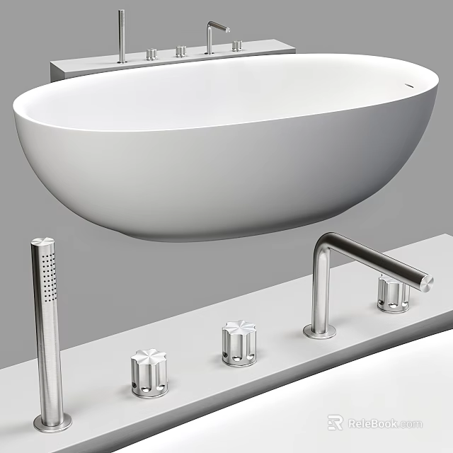 Sleek White Freestanding Bathtub with Modern Chrome Faucet and Metal Fixtures 3d model 