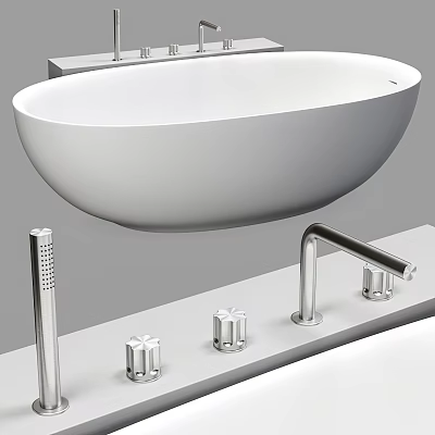 Sleek White Freestanding Bathtub with Modern Chrome Faucet and Metal Fixtures 3d model