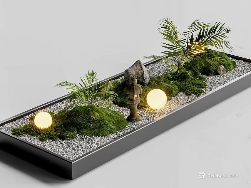 Plant Combination in Black Rectangular Container with Green Moss Palm Leaves Stones and Round Lights 3d model