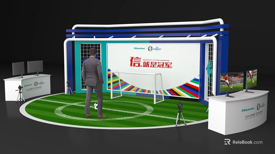 Interactive Zone With Football Goal Green Lawn Person Standing And Large Screen Booth Design 3d model 