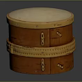 Traditional Handmade Drum Shaped Orange Birch Container With Yellow Decorative Bands