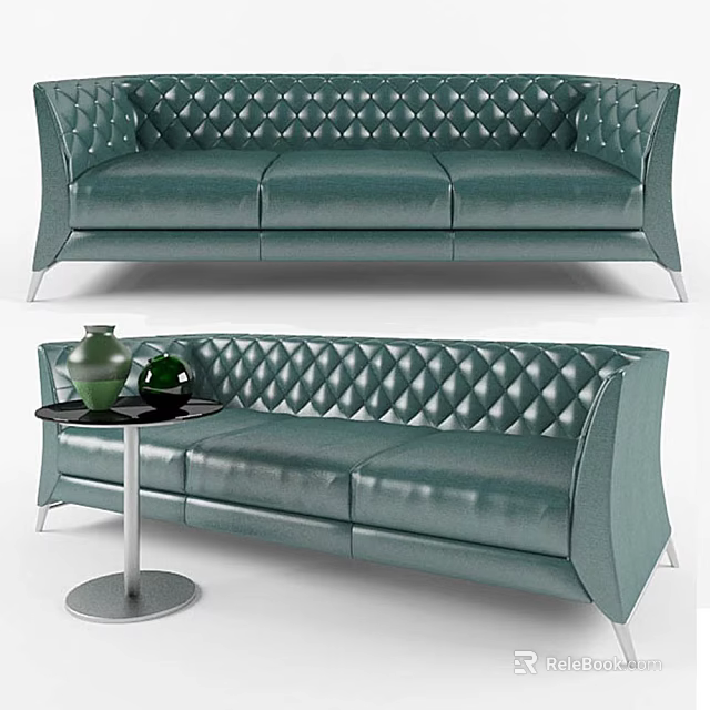 Green Leather Three Seater Sofa With Tufted Diamond Pattern And Side Table Decor 3d model