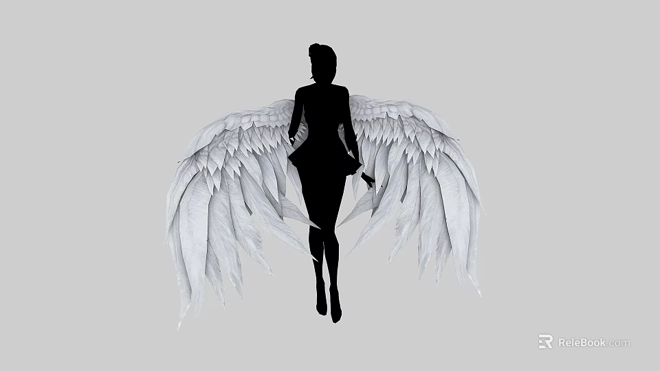 Mystical Female Game Movie Character Silhouette With Large White Feather Wings 3d model 
