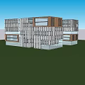 Modern Office Building With Red Roof Glass Curtain Walls And Pedestrian Green Areas