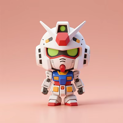 Q Version Gundam Model With White Head Red Details Green Eyes On Pink Background 3d model