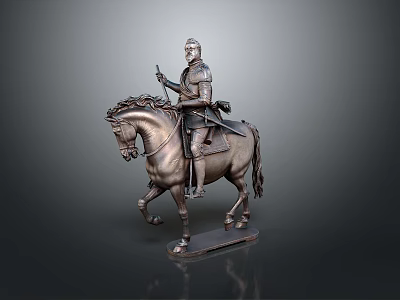 Man Riding Horse In Bronze Statue With Armor And Sword 3d model